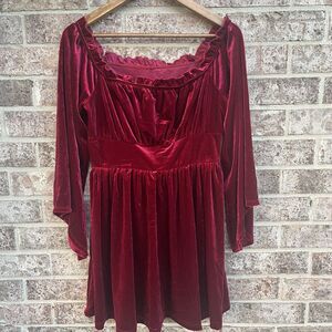 Burgundy Velvet Babydoll Dress Romantic Holiday Bell Sleeve Medium M Flare Clasi